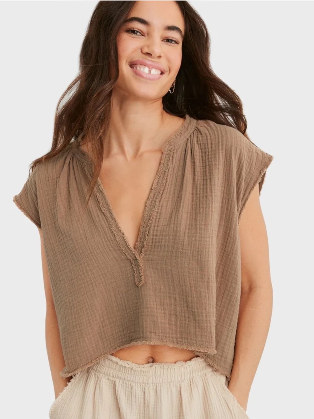 Aerie Oversized Muslin Top Womens Brown Cap Sleeve V Neck Pullover Size Small